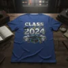 Class of 2024 graduation t-shirt with tech design, graduation cap, books, and gears