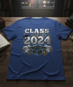 Class of 2024 graduation t-shirt with tech design, graduation cap, books, and gears