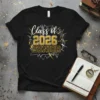Class of 2026 SENIOR text design in gold and white on a black t-shirt, featuring abstract geometric background elements