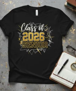 Class of 2026 SENIOR text design in gold and white on a black t-shirt, featuring abstract geometric background elements