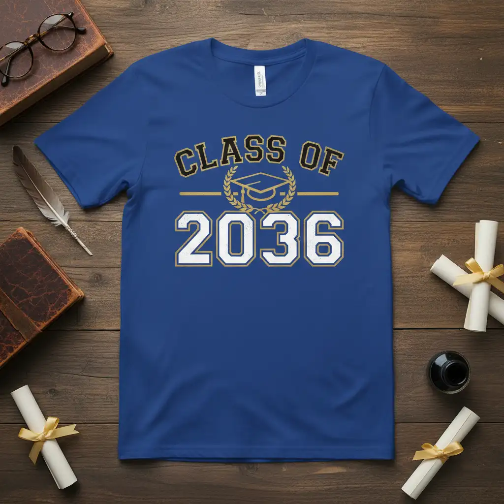 Class of 2036 text with graduation cap and laurel wreath graphic on a blue t-shirt