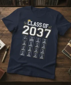Class of 2037 checklist t-shirt design showing Pre-K to 12th grade with checkboxes and graduation cap graphic