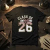 Class of 26 graduation t-shirt design with diploma graphic and pink bow, featuring glittery numbers