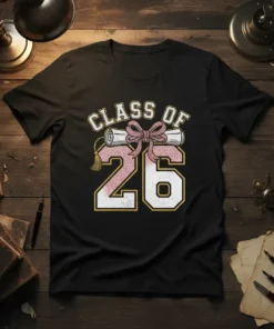 Class of 26 graduation t-shirt design with diploma graphic and pink bow, featuring glittery numbers