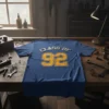 Class of 92 retro t-shirt design with distressed yellow numbers on a blue shirt