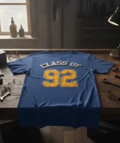 Class of 92 retro t-shirt design with distressed yellow numbers on a blue shirt