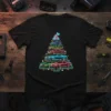 Classic Car Christmas Tree T-Shirt featuring vintage cars stacked like a tree with neon outlines and a scooter topper