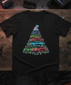 Classic Car Christmas Tree T-Shirt featuring vintage cars stacked like a tree with neon outlines and a scooter topper