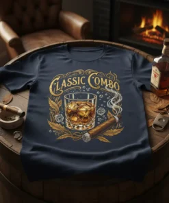 Classic Combo text with whiskey glass and cigar illustration on a navy t-shirt