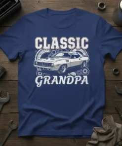 Classic Grandpa t-shirt design featuring a vintage white muscle car with gears and the text "CLASSIC GRANDPA" in bold lettering