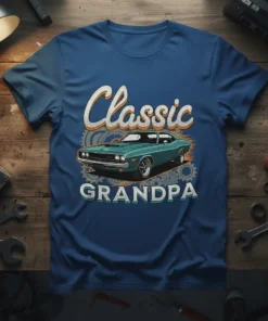 Classic Grandpa t-shirt design featuring a vintage teal muscle car with "Classic Grandpa" text and gear graphics