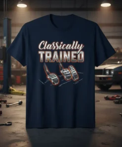 Classically TRAINED manual transmission graphic tee with clutch, brake, and gas pedals illustration