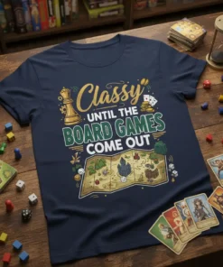 Classy until the board games come out text with chess queen and game map graphic on navy t-shirt