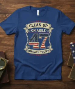 Political t-shirt design featuring "Clean Up On Aisle 47 Impeach Trump" text with American flag number 47 graphic