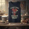 Lobster with cleaning tools saying "Clean Your Room YEURT COUM" on a dark t-shirt design