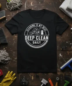 T-shirt with white text "Cleaning Is My Beat Deep Clean Daily" inside a circular emblem, featuring cleaning tools graphic
