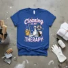 Cleaning IS MY THERAPY quote on a blue t-shirt with cleaning supplies graphics