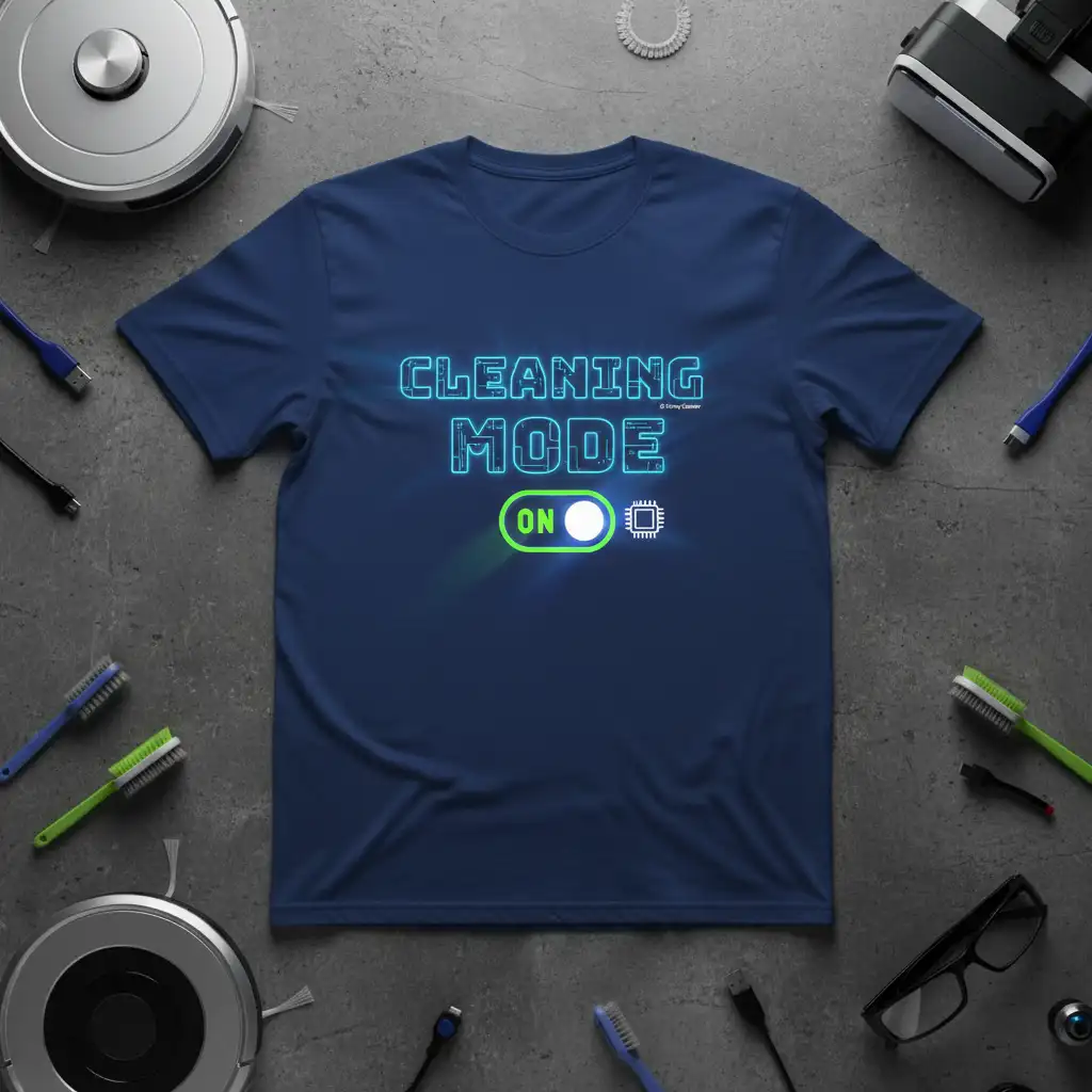 Cleaning Mode On T-Shirt with futuristic neon text and a glowing ON toggle switch graphic
