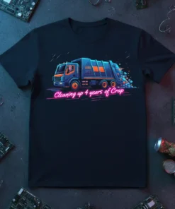 Cleaning up 4 years of Crap political humor t-shirt design featuring a garbage truck and neon text