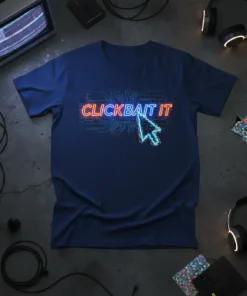 Clickbait It T-Shirt with neon text and a pixelated cursor design on a navy blue shirt