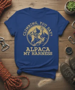 Climbing, You Say? Alpaca My Harness text and alpaca graphic on a blue t-shirt, outdoor adventure theme