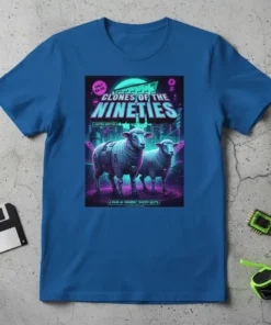 Clones of the Nineties t-shirt design featuring two AI robotic sheep in a cyberpunk city, with neon text