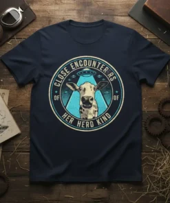 Close Encounters Of Her Kind t-shirt design with a cow being abducted by a UFO