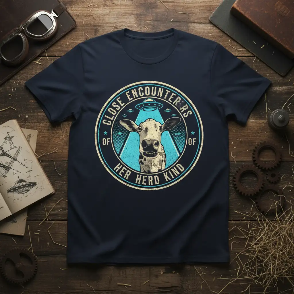 Close Encounters Of Her Kind cow UFO abduction design with circular text and beam of light