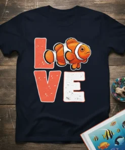 Clownfish Love t-shirt design featuring a cute clownfish and textured "LOVE" text