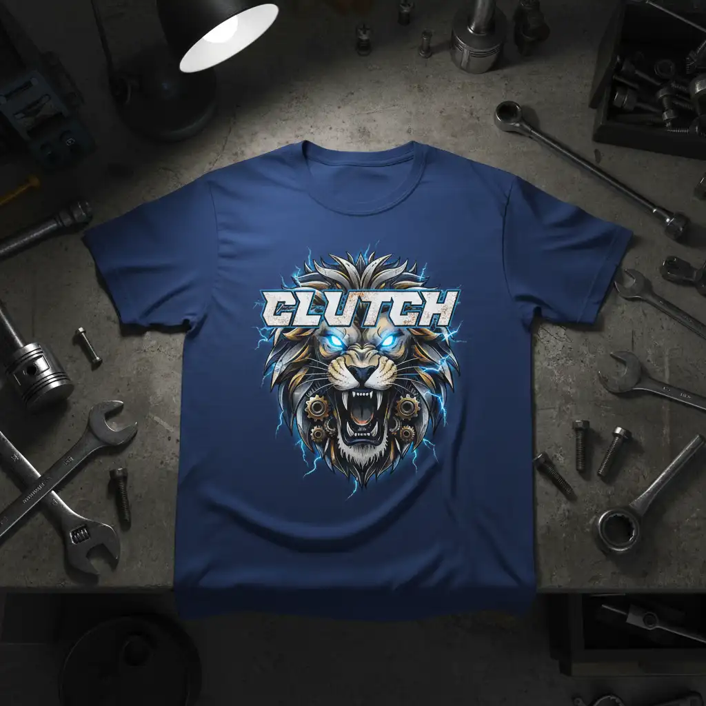 CLUTCH Lion T-Shirt design with roaring mechanical lion, gears, and lightning accents, representing automotive power