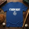 C'MON MAN! text with a roaring lion wearing a baseball cap graphic on a royal blue t-shirt