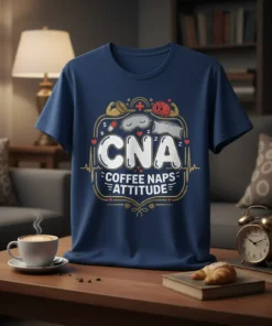 CNA COFFEE NAPS ATTITUDE t-shirt design with graphic elements representing coffee, sleep, and a strong mindset