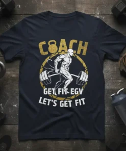 Coach Get Fit EGV Let's Get Fit t-shirt with muscular man lifting barbell graphic
