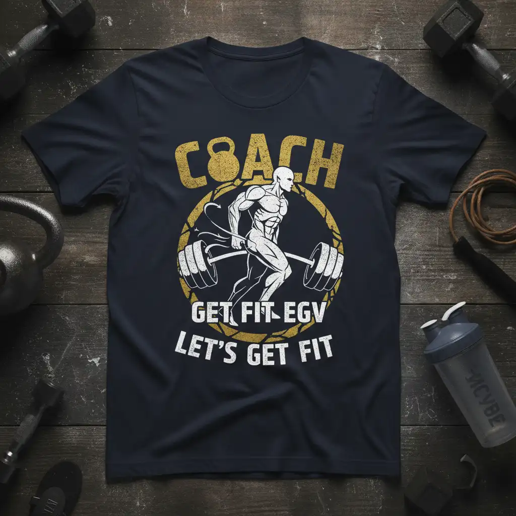 Coach Get Fit EGV Let's Get Fit motivational t-shirt with weightlifter graphic