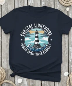 Coastal Lighthouse Guiding Spirit Since Eternity t-shirt design with a black and white lighthouse on a rocky island surrounded by