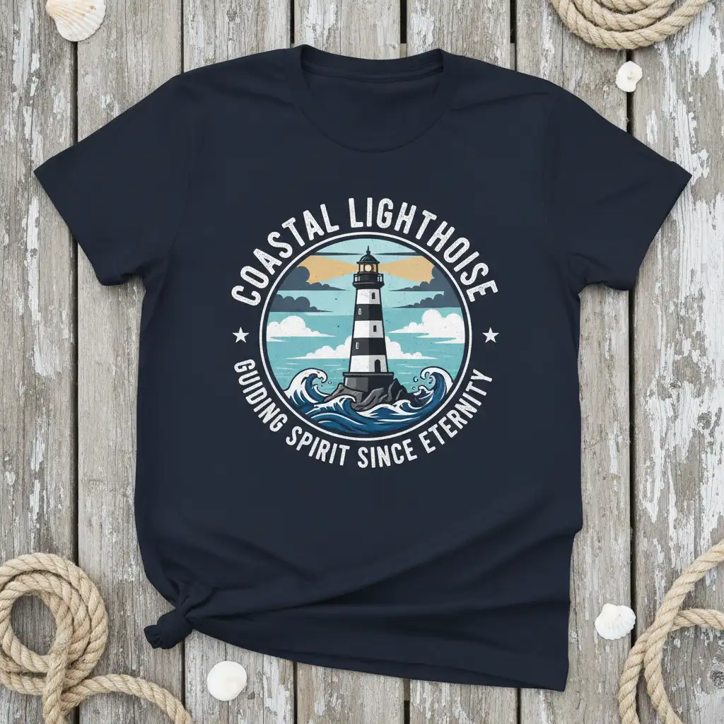 Coastal Lighthouse Guiding Spirit Since Eternity circular graphic with a detailed lighthouse and ocean waves