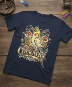 Cockatiel Mom t-shirt design featuring a detailed illustration of a cockatiel bird perched on a branch with roses and stars