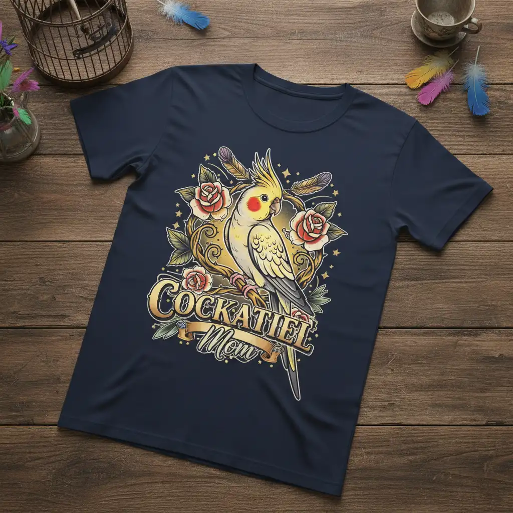 Cockatiel Mom text with a detailed tattoo-style illustration of a cockatiel, roses, and stars on a navy blue t-shirt