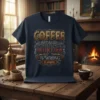 Coffee Because Murder Is Wrong Is Wrong text design with steampunk gears and vintage revolvers on a navy t-shirt