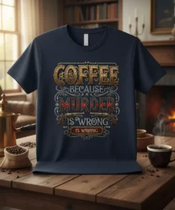 Coffee Because Murder Is Wrong Is Wrong text design with steampunk gears and vintage revolvers on a navy t-shirt
