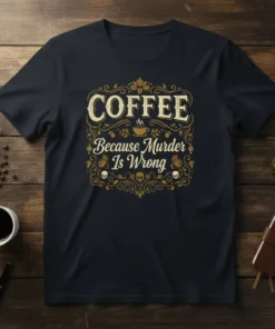 Coffee Because Murder Is Wrong text design with coffee cup and skull graphics on a navy t-shirt