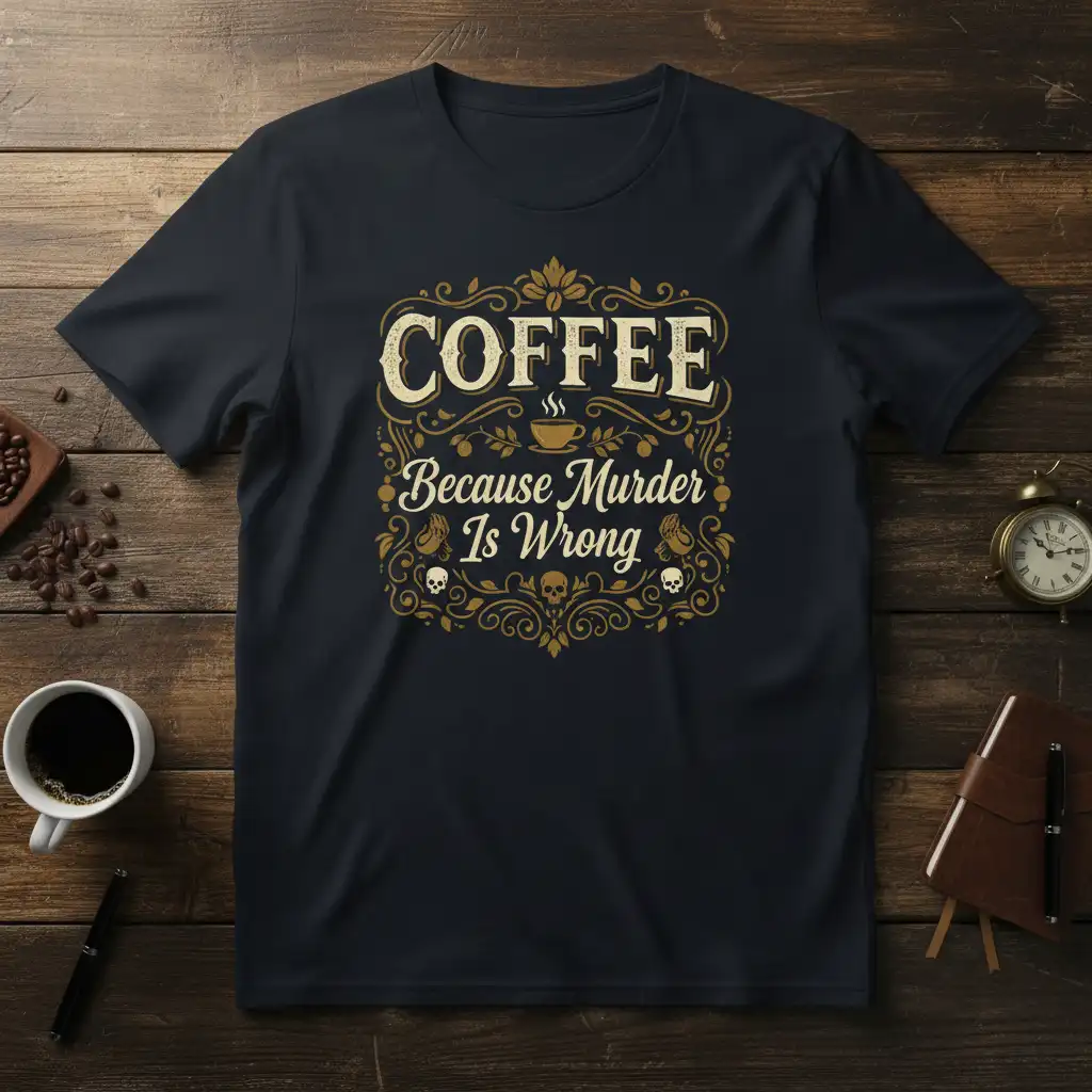 Coffee Because Murder Is Wrong quote on a dark tee with vintage ornate borders and skull accents