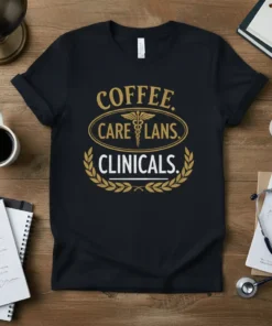 Black t-shirt with "Coffee. Care Lans. Clinicals." text and Caduceus medical symbol design