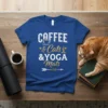 Graphic tee with "COFFEE & Cats & YOGA Mats -matlife->" text and icons, in white and gold on a royal
