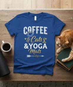 Graphic tee with "COFFEE & Cats & YOGA Mats -matlife->" text and icons, in white and gold on a royal