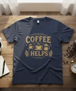 Navy t-shirt with "Coffee Helps" text and graphics of coffee beans and french presses in gold