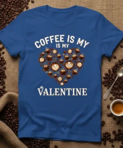 Coffee Is My Valentine T-Shirt featuring a heart shape made of coffee cups and text