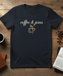 Coffee & Jesus T-Shirt with a coffee cup graphic and a cross inside, featuring elegant script text