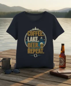 Coffee Lake Beer Repeat t-shirt design with coffee, lake, and beer icons