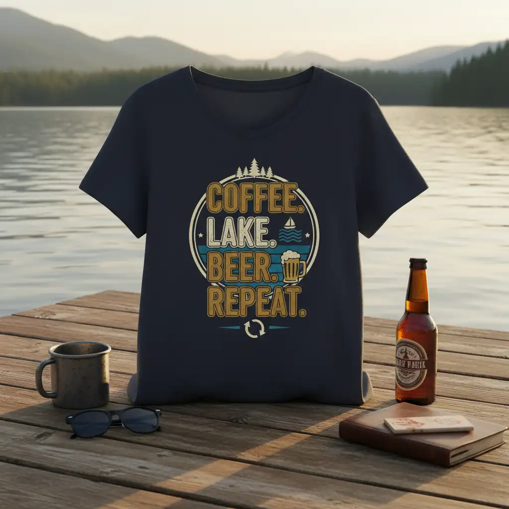 Coffee Lake Beer Repeat t-shirt design featuring circular text and icons of coffee, lake, and beer
